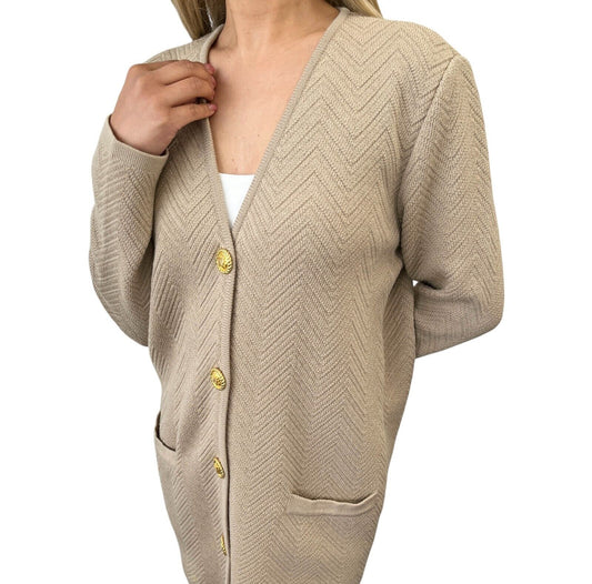CELINE Vintage Macadam Logo Rib Knit Cardigan #38 Button Light Brown Gold Wool