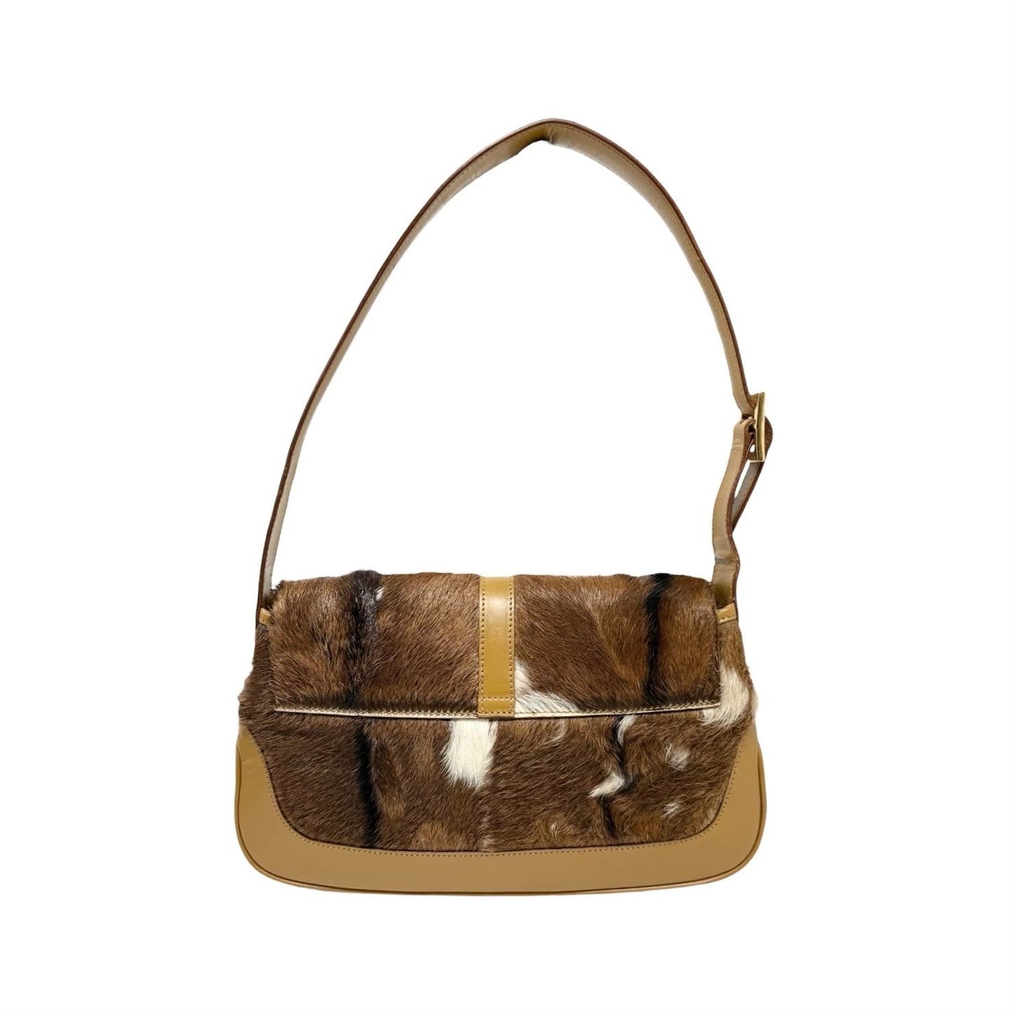 GUCCI Vintage Jackie Cow Pony Calf Hair Shoulder Bag Brown Camel Leather