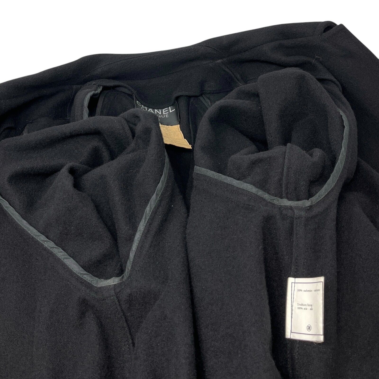 CHANEL Vintage 94A CC Logo Long Jacket Coat #36 Button Black Gold Cashmere