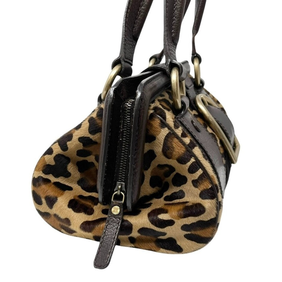 CELINE Vintage Macadam Logo Leopard Shoulder Bag Brown Beige Calf Hair Leather