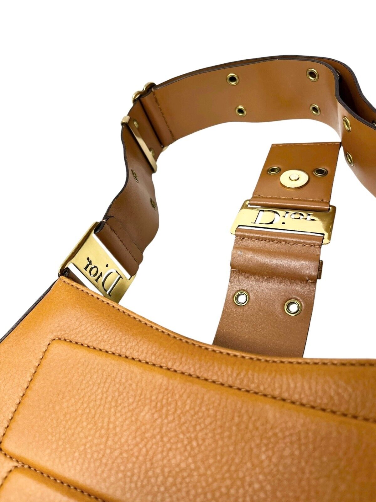 Christian Dior Vintage Logo Street Chic Shoulder Bag Brown Gold Leather