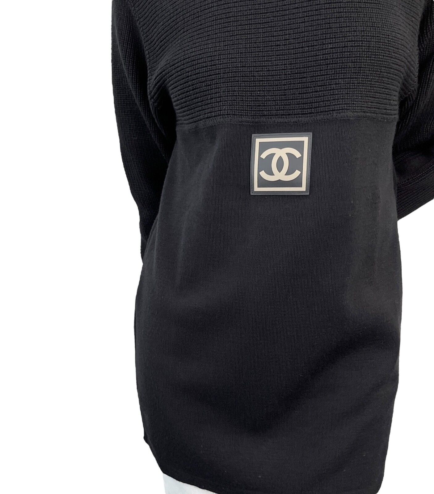 CHANEL Sport Vintage 02A CC Logo Sweater #42 Top Black Wool High Neck Rank AB