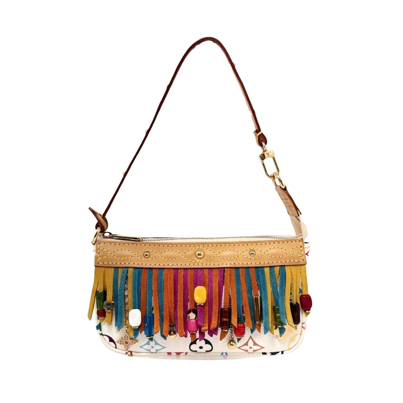 LOUIS VUITTON Vintage Monogram Multicolor Fringe Pochette Mini Bag White