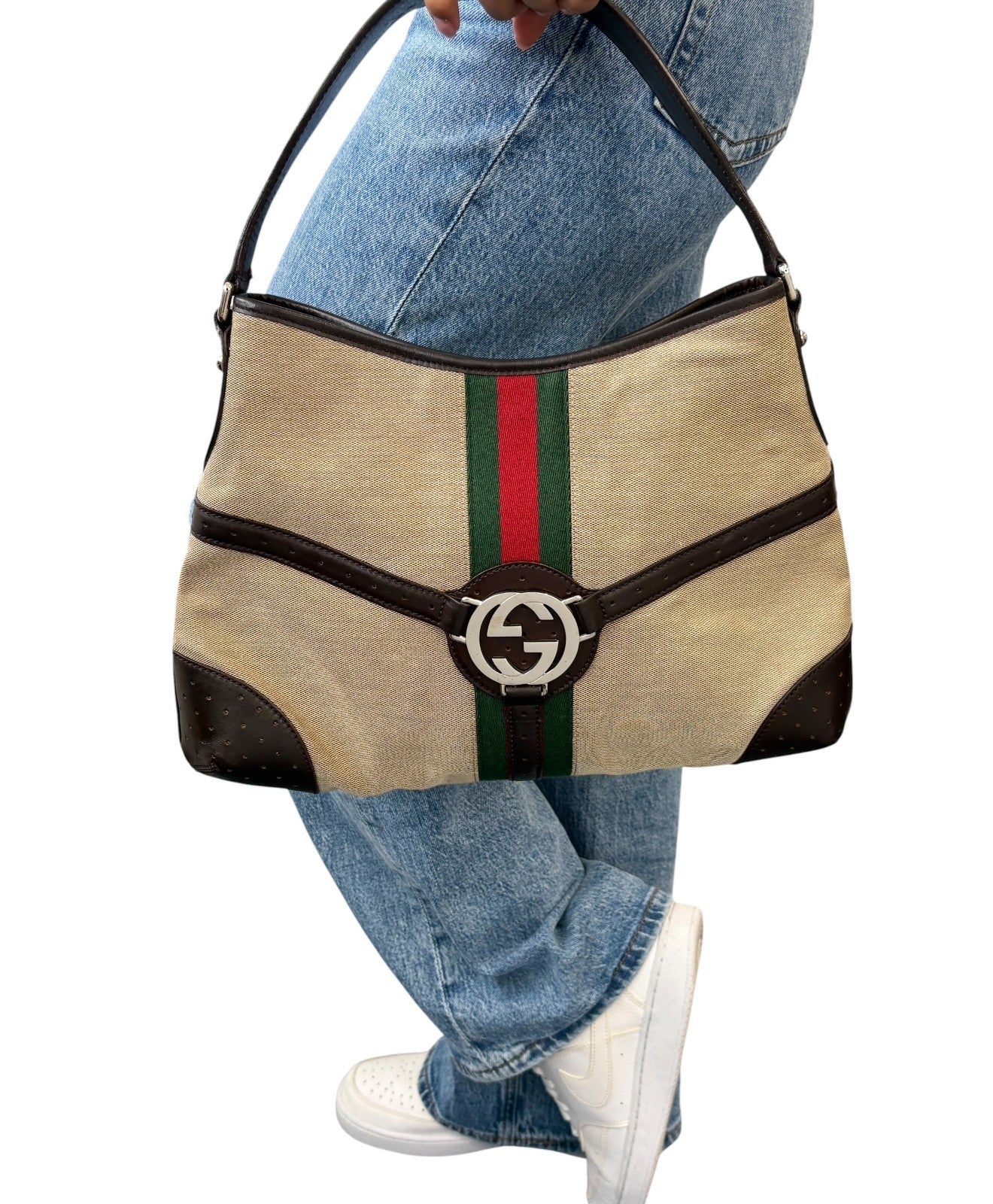 GUCCI Vintage Web Stripe Interlocking GG Logo Canvas Hobo Bag Brown 902575