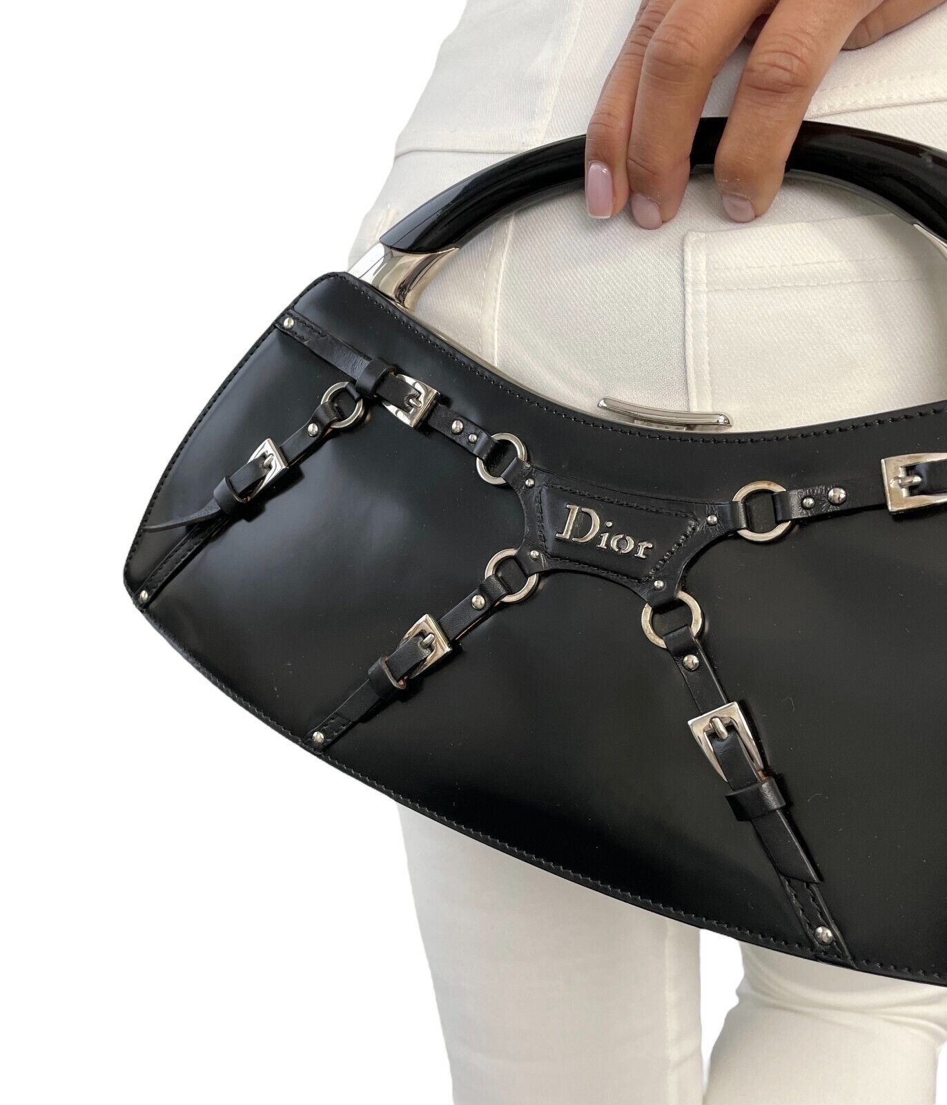 Christian Dior Vintage Logo Bondage Top Handle Bag Black Silver Leather Rank AB