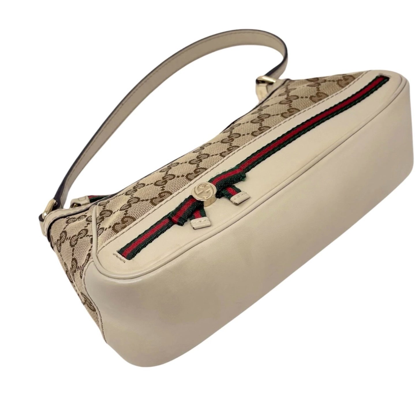 GUCCI Vintage GG Monogram Web Stripe Canvas Shoulder Bag Beige Ribbon 902290
