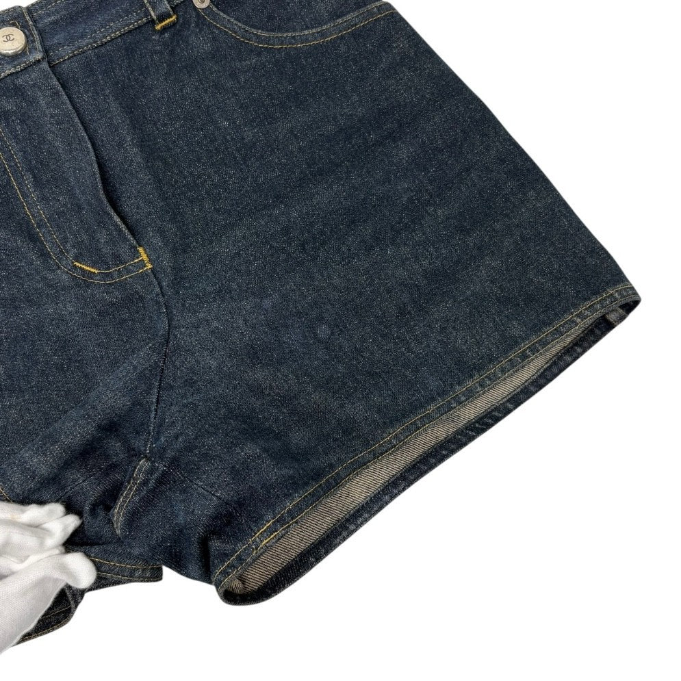 CHANEL Vintage CC Logo Denim Short Pants #36 Dark Blue Silver Cotton 902896