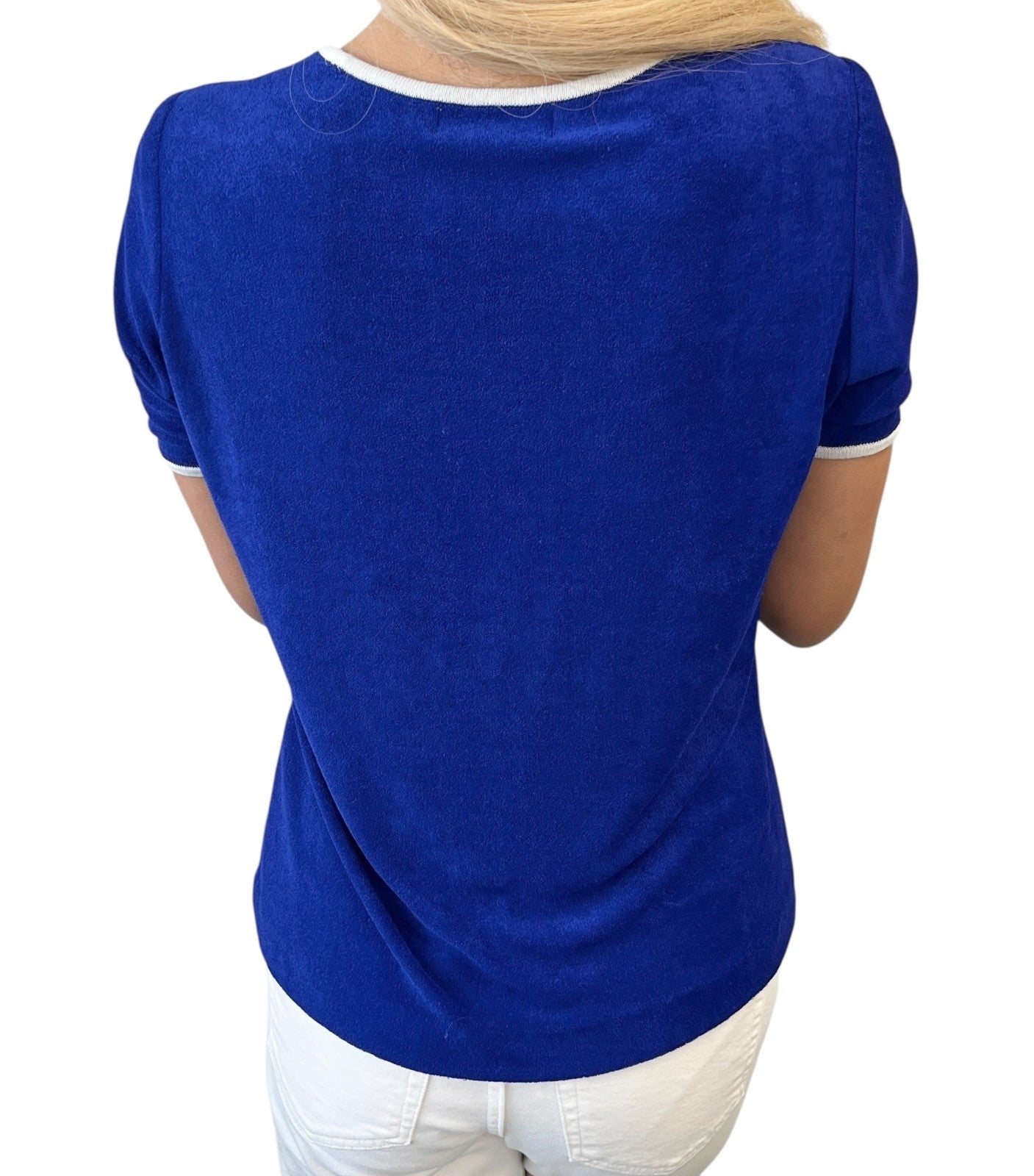 Yves Saint Laurent Vintage YSL Logo Terry Cloth T-shirt Top #M Blue White Rayon