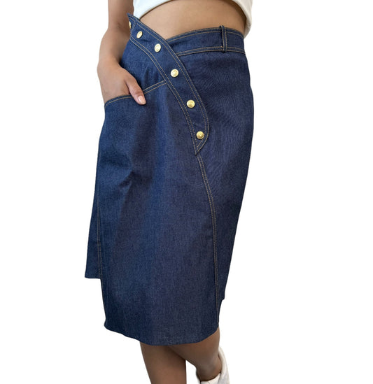 Christian Dior Vintage 2000 Asymmetry Denim Skirt #36 Blue Button Gold 901979