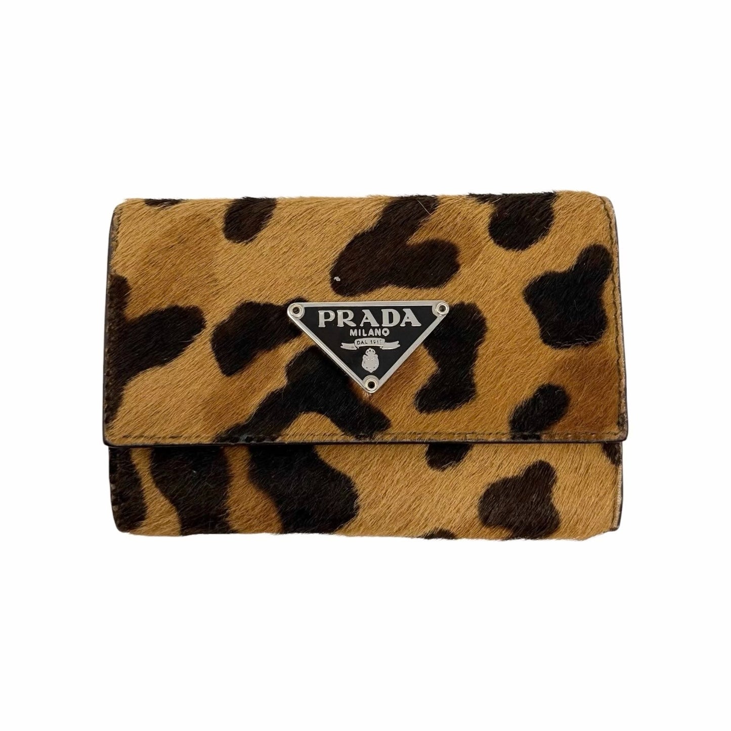 PRADA Vintage Triangle Logo Leopard Pony Hair Mini Key Case Brown Camel 902438