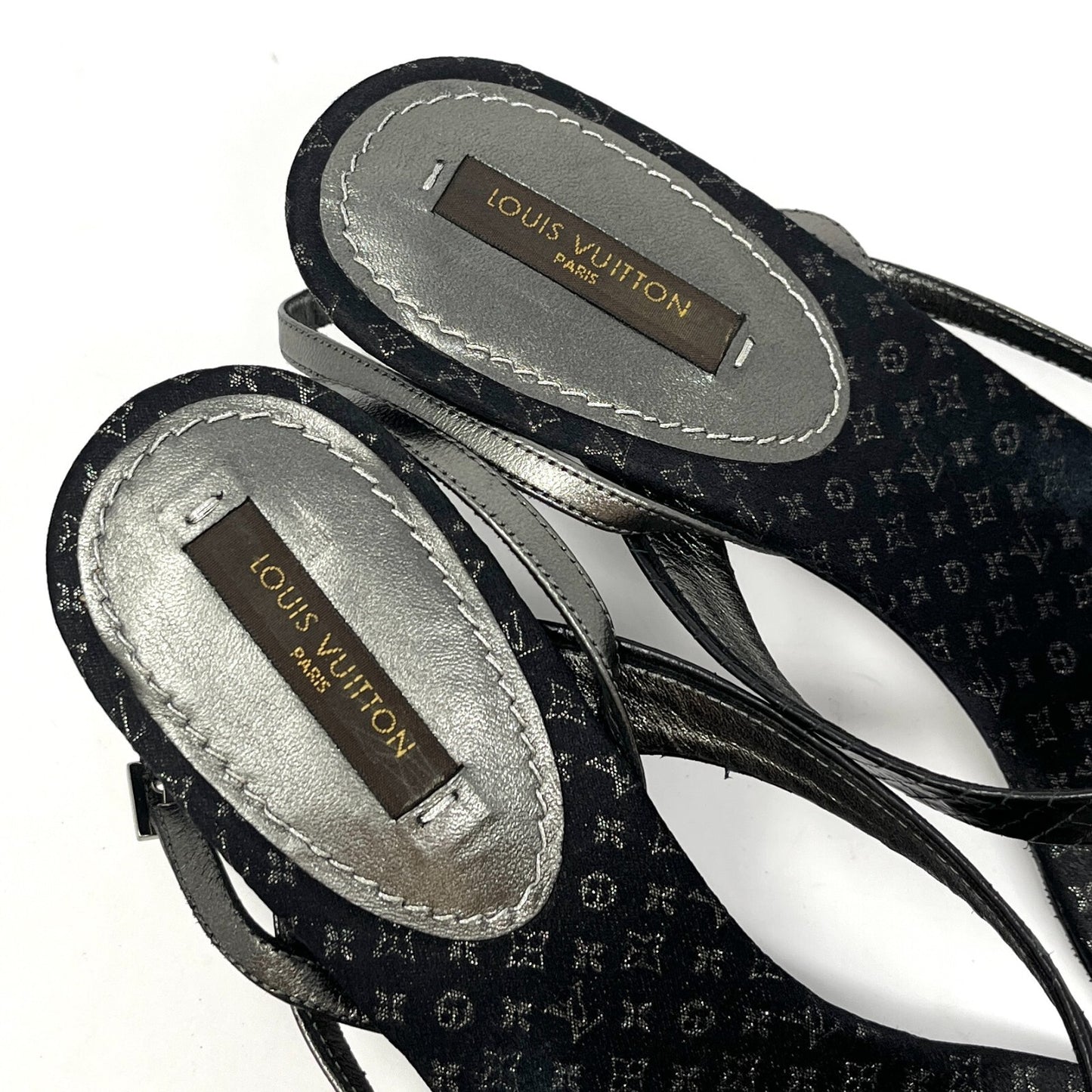 LOUIS VUITTON Monogram Logo Sandals Heels #37 US6.5 Slingback Black Satin RankAB