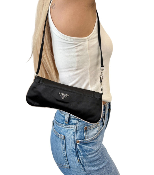 PRADA Vintage Triangle Logo Tessuto Satin Mini Bag Pochette Black 902591