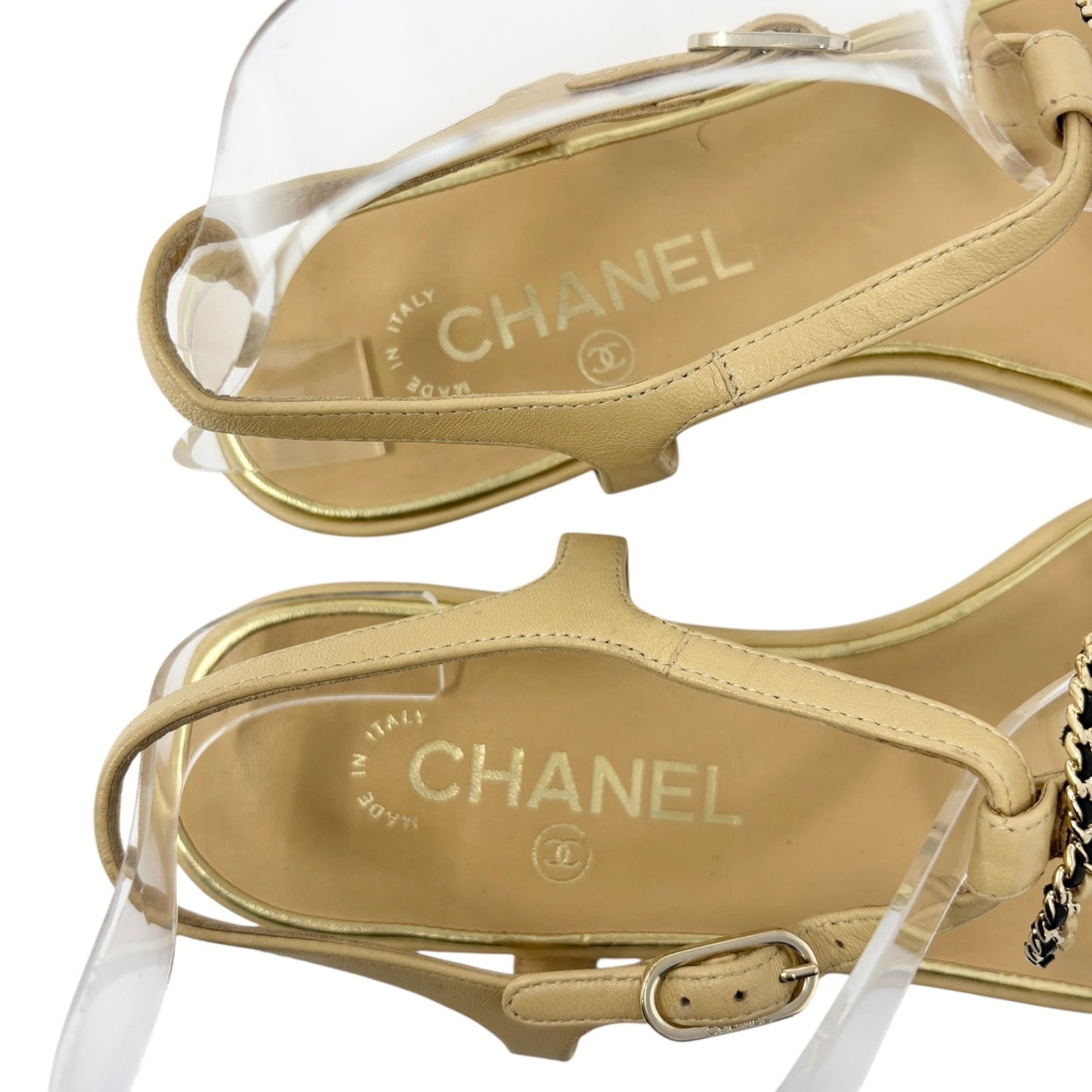 CHANEL Vintage CC Logo Thong Sandals Heels #39 Cream Gold Black Leather