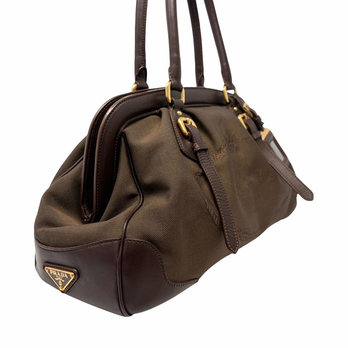 PRADA Vintage Milano Jacquard Shoulder Boston Bag Brown Gold 902455