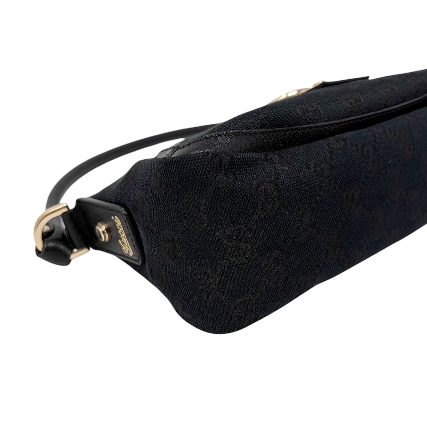 GUCCI Vintage GG Monogram Logo Abbey Shoulder Bag Zip Black Gold Canvas Leather