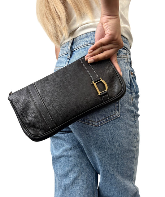 Christian Dior Vintage 2001 CD Logo Leather Bag Pochette Pouch Clutch Black