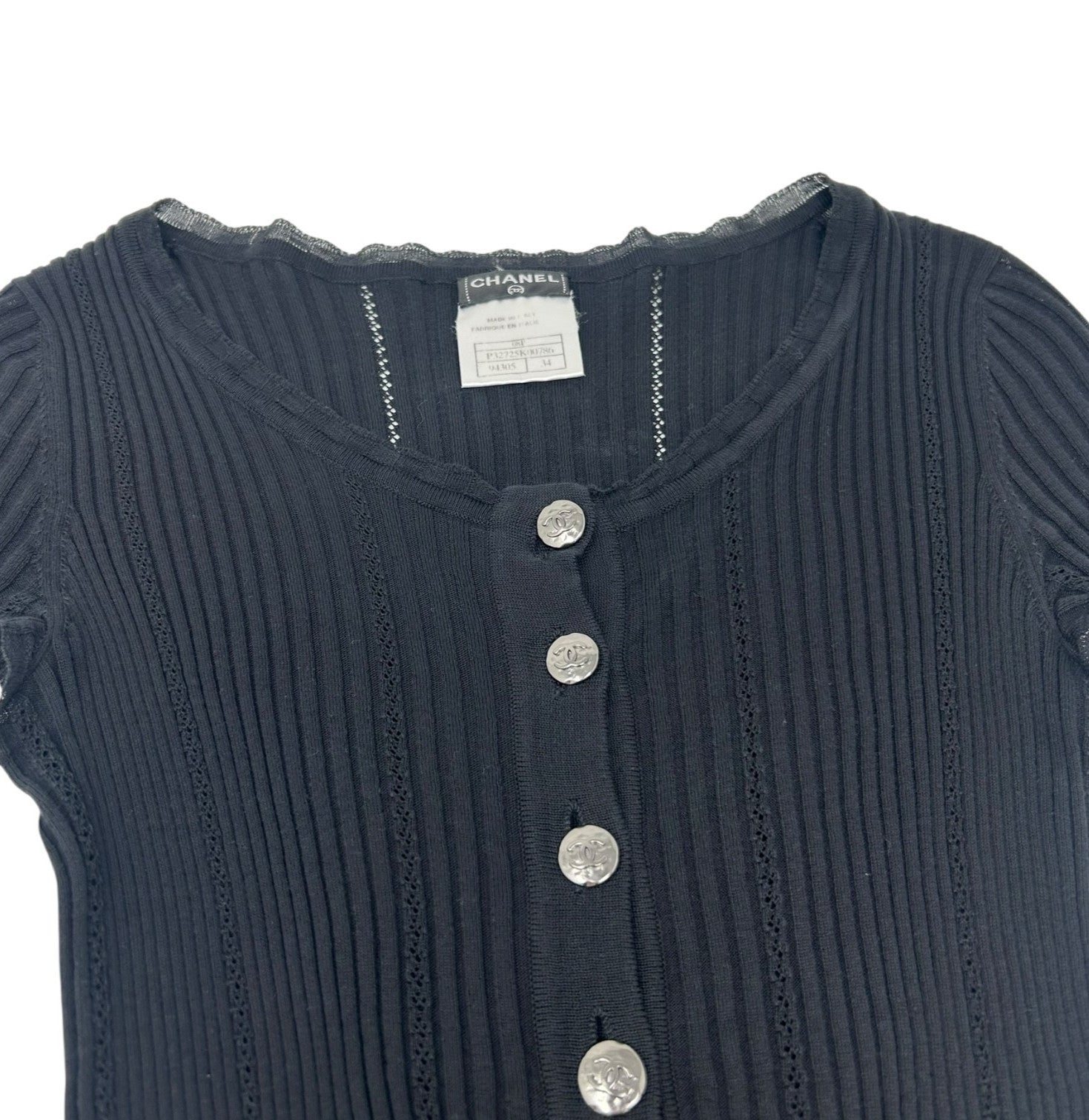 CHANEL Vintage 08P CC Logo Rib Knit Top #34 Black Cotton Silver Short Sleeve
