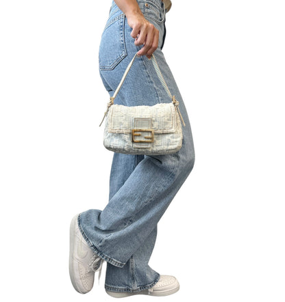 FENDI Vintage FF Zucca Monogram Denim Mamma Baguette Shoulder Bag Blue 902483