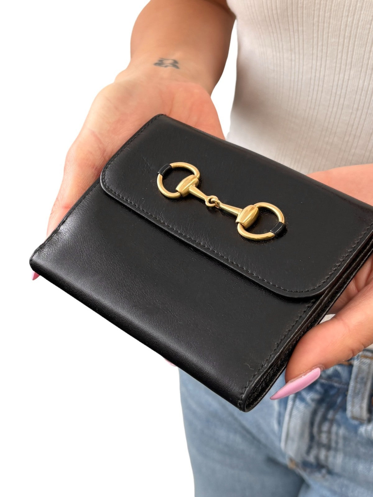 GUCCI Vintage Logo Horsebit Tri-fold Wallet Purse Black Gold Leather Square