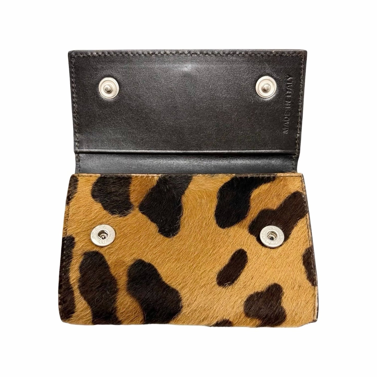 PRADA Vintage Triangle Logo Leopard Pony Hair Mini Key Case Brown Camel 902438