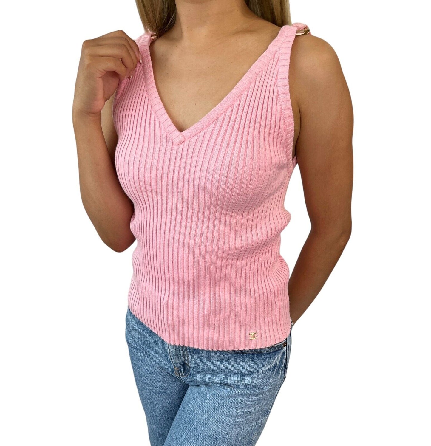 CHANEL Vintage 01C CC Logo Rib Knit Tank Top #38 Pink Gold Ring Cotton Rank AB