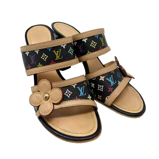 LOUIS VUITTON Vintage Monogram Multicolor Flower Sandals #36 Black Beige 901839