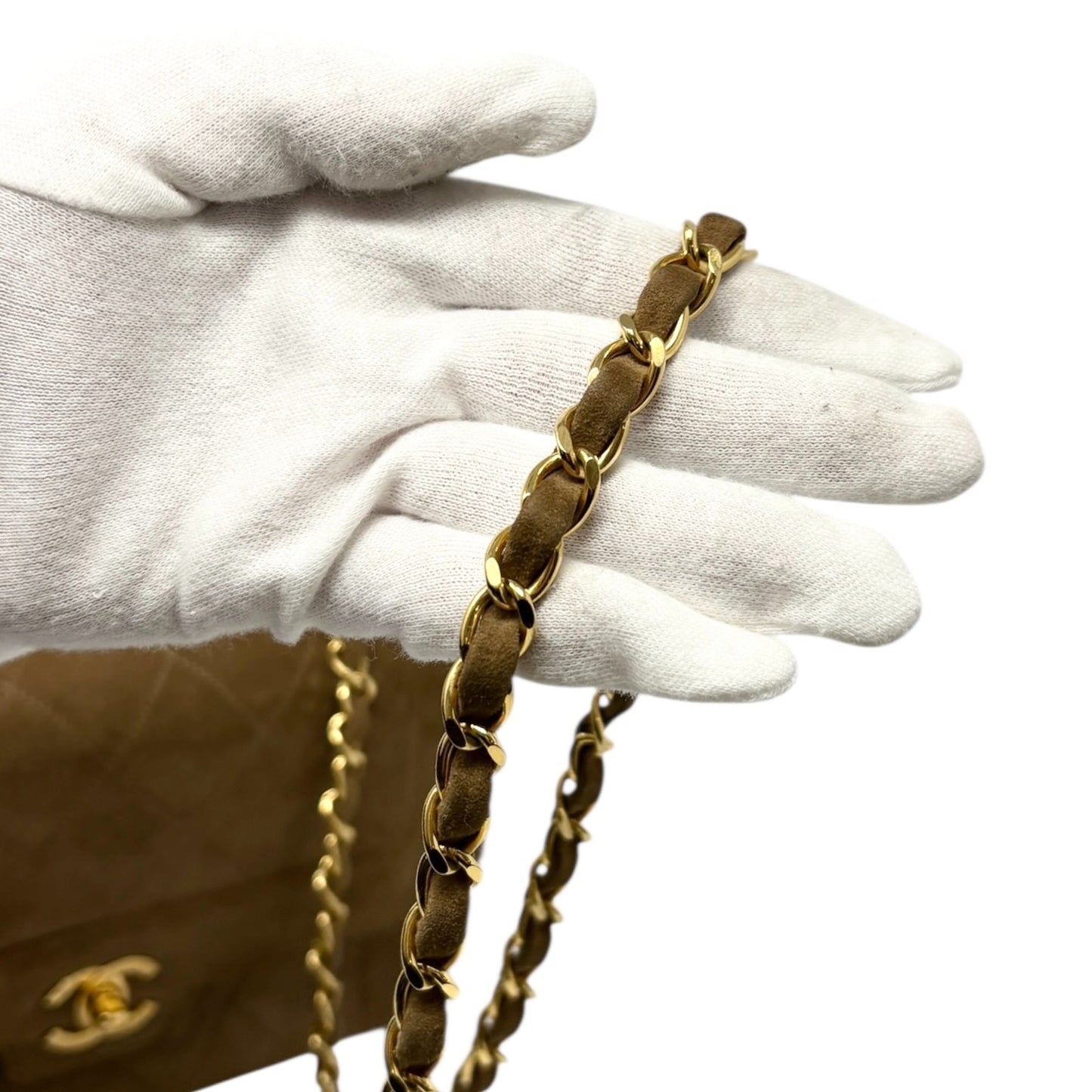 CHANEL Vintage CC Logo Turnlock Quilted Suede Flap Bag Brown Gold