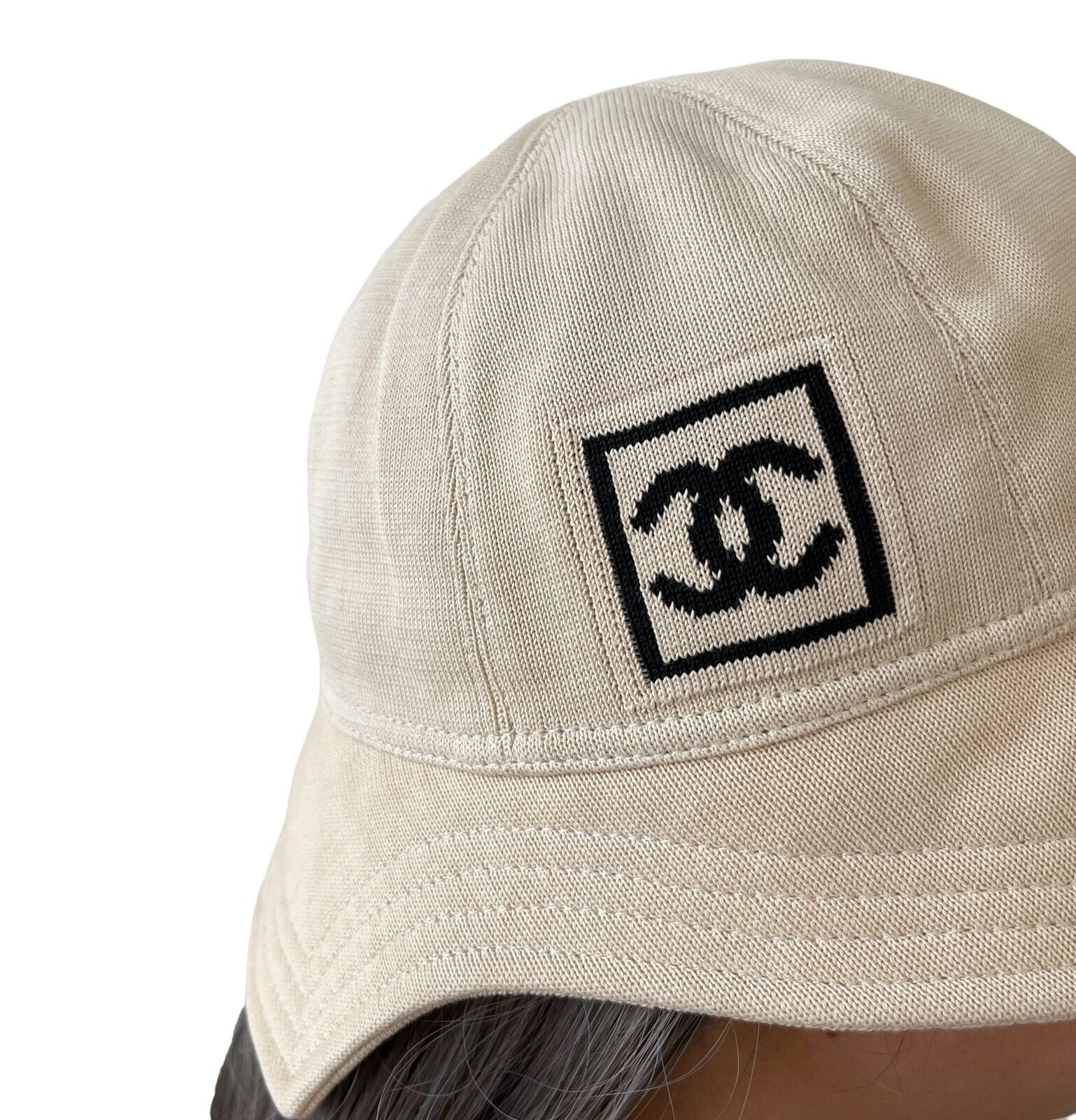 CHANEL Sport Vintage 03A CC Logo Bucket Hat #M Beige Black Cotton Rank AB