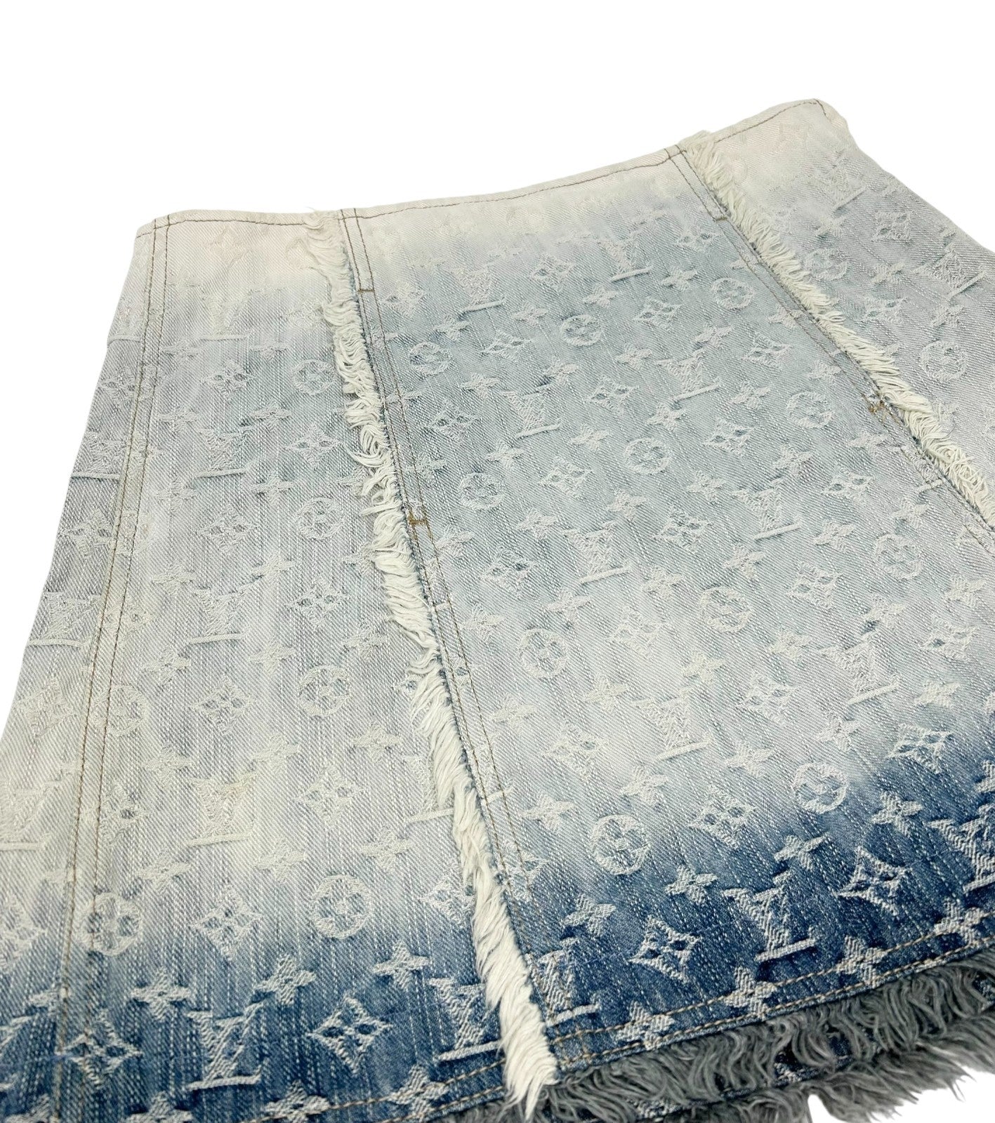 LOUIS VUITTON Vintage LV Monogram Denim Gradation Mini Skirt Fringe Blue Cotton