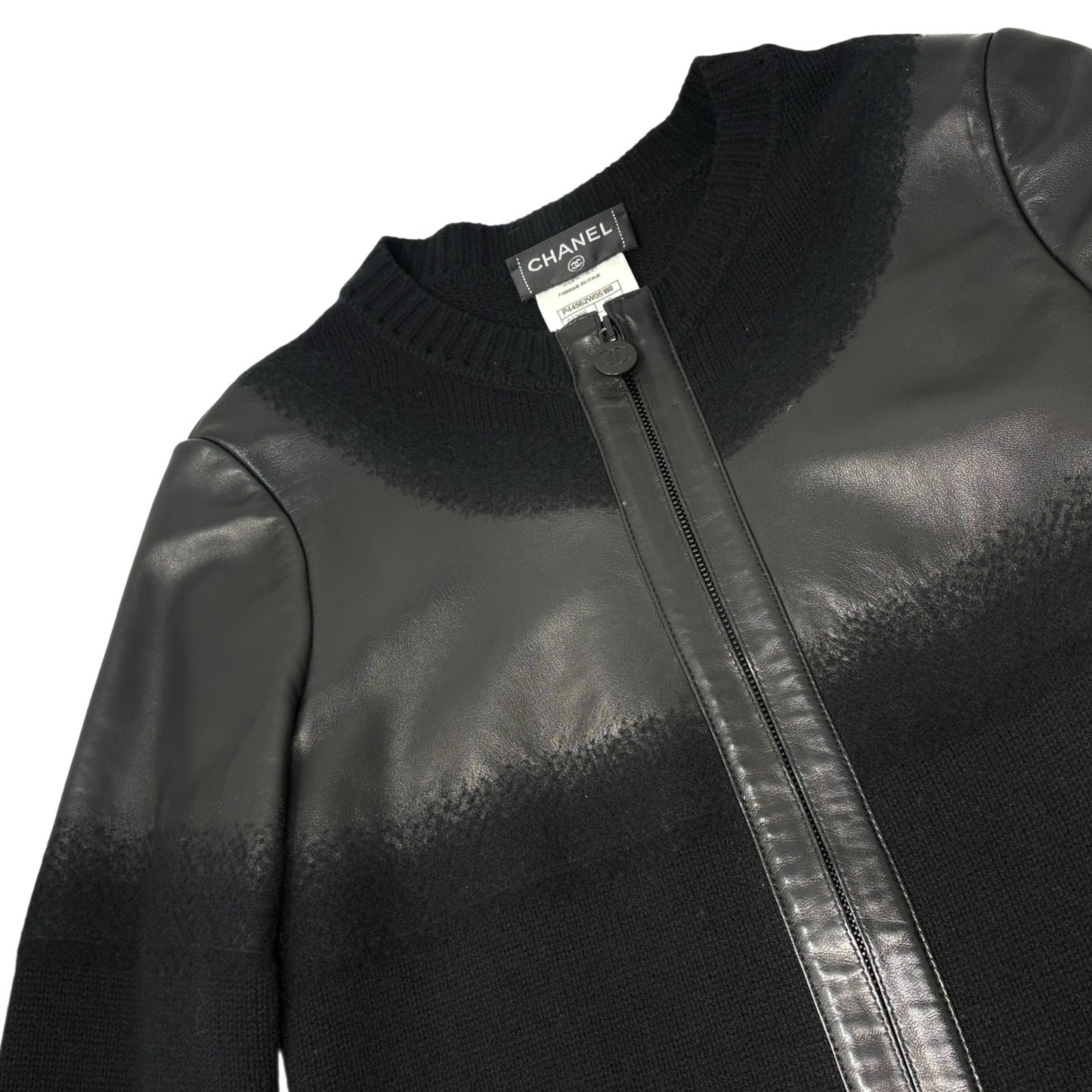 CHANEL Vintage P44562 CC Logo Lambskin Leather Knit Long Jacket #36 Wool Black