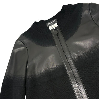 CHANEL Vintage P44562 CC Logo Lambskin Leather Knit Long Jacket #36 Wool Black