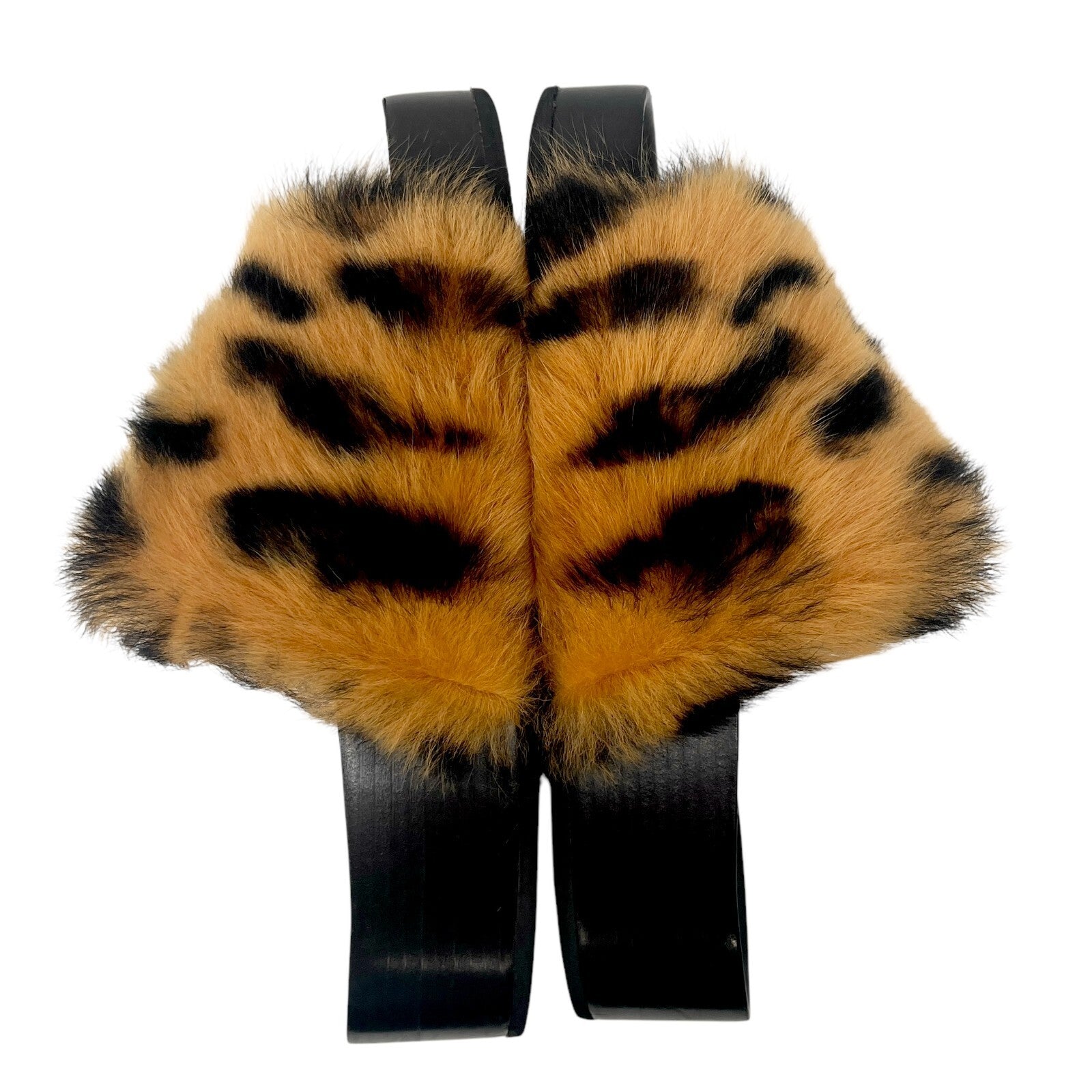 CELINE Vintage Logo Animal Print Faux Fur Sandals #37-37.5 Black Orange