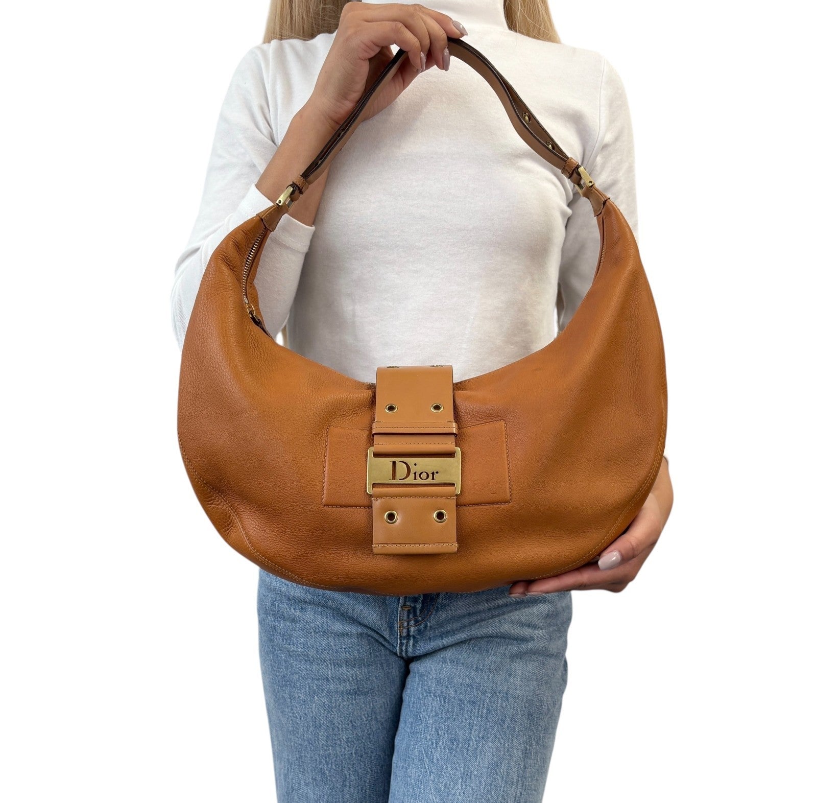 Christian Dior Vintage 2003 Street Chic Shoulder Hobo Bag Brown Gold Leather