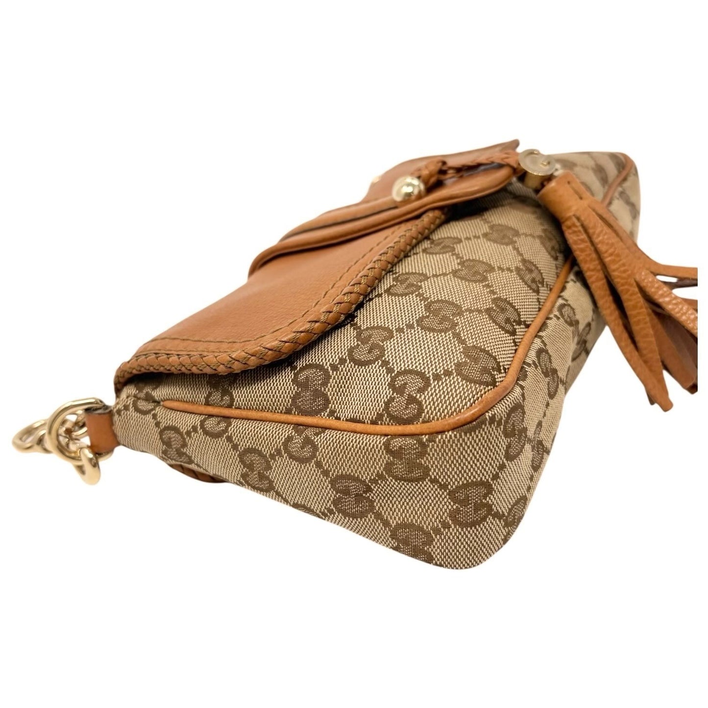 GUCCI Vintage GG Monogram Logo Chain Shoulder Bag Fringe Brown Beige Gold