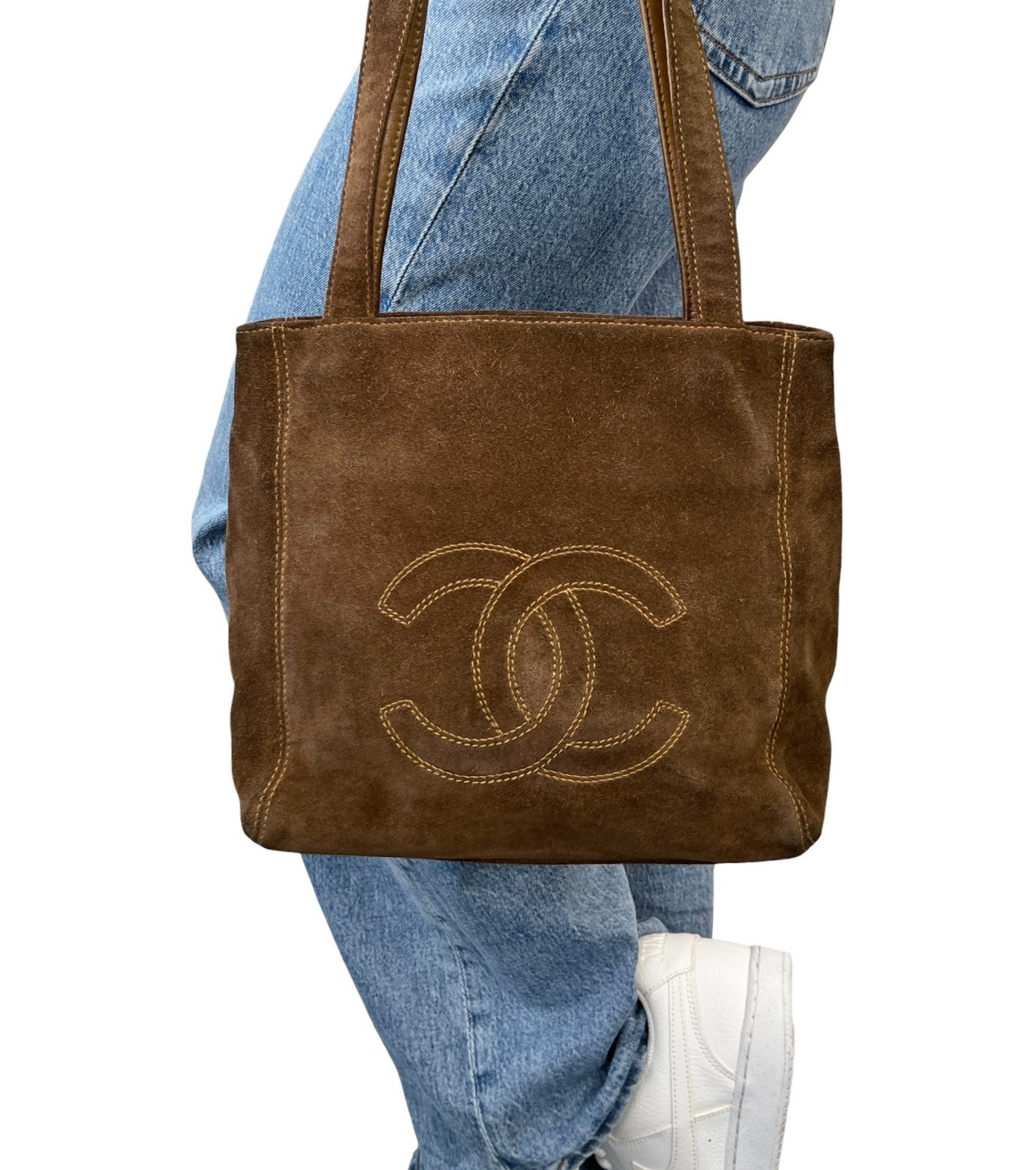 CHANEL Vintage CC Logo Stitch Suede Shoulder Tote Bag Brown Beige 902208