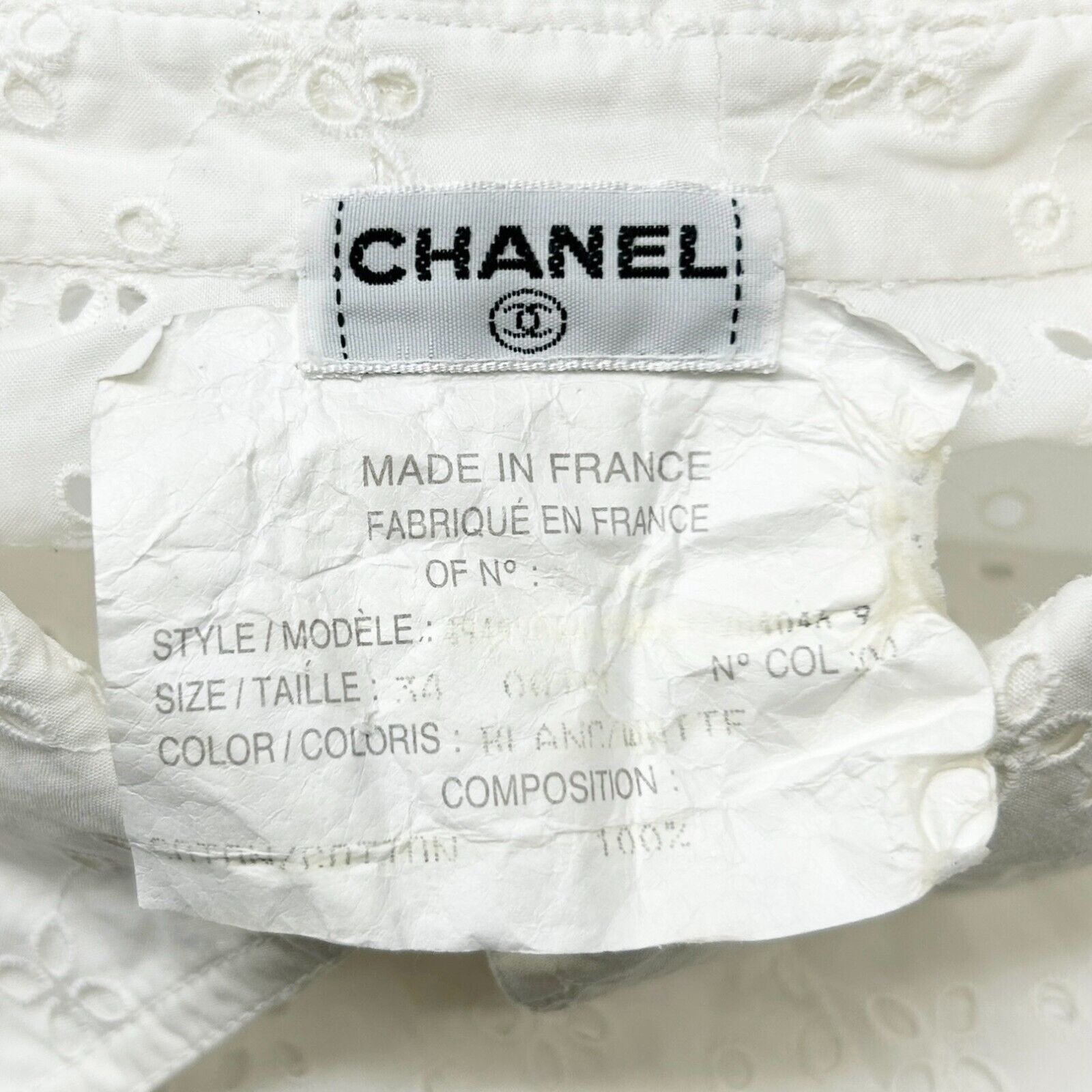 CHANEL Vintage CC Mark Logo Punching Shirt Top #34 Blouse White Cotton Rank AB+