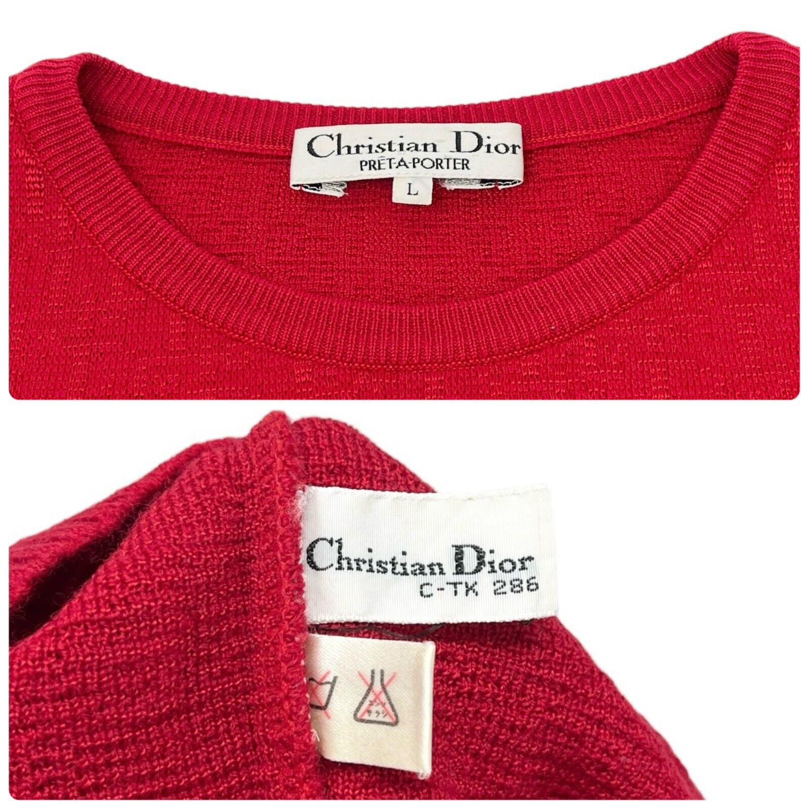 Christian Dior Vintage Trotter Monogram Knit Sweater #L Top Red Wool Rank AB