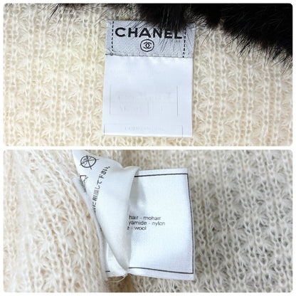 CHANEL Vintage 03A CC Logo Fur Trim Knit Cardigan #42 Cream Brown Mohair 901978