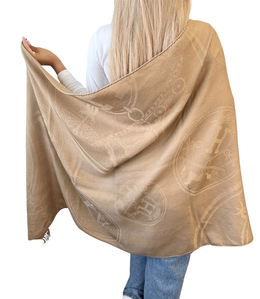 HERMES Vintage H Logo Cashmere New Libris Shawl Scarf Wrap Beige Silk 902845