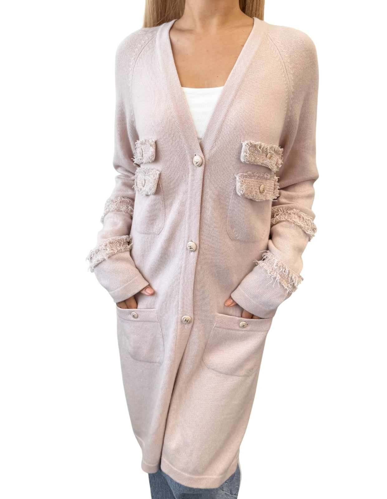 CHANEL Vintage 09A Logo Long Cardigan Top Sweater ＃40 Pink Cashmere Knit Tweed