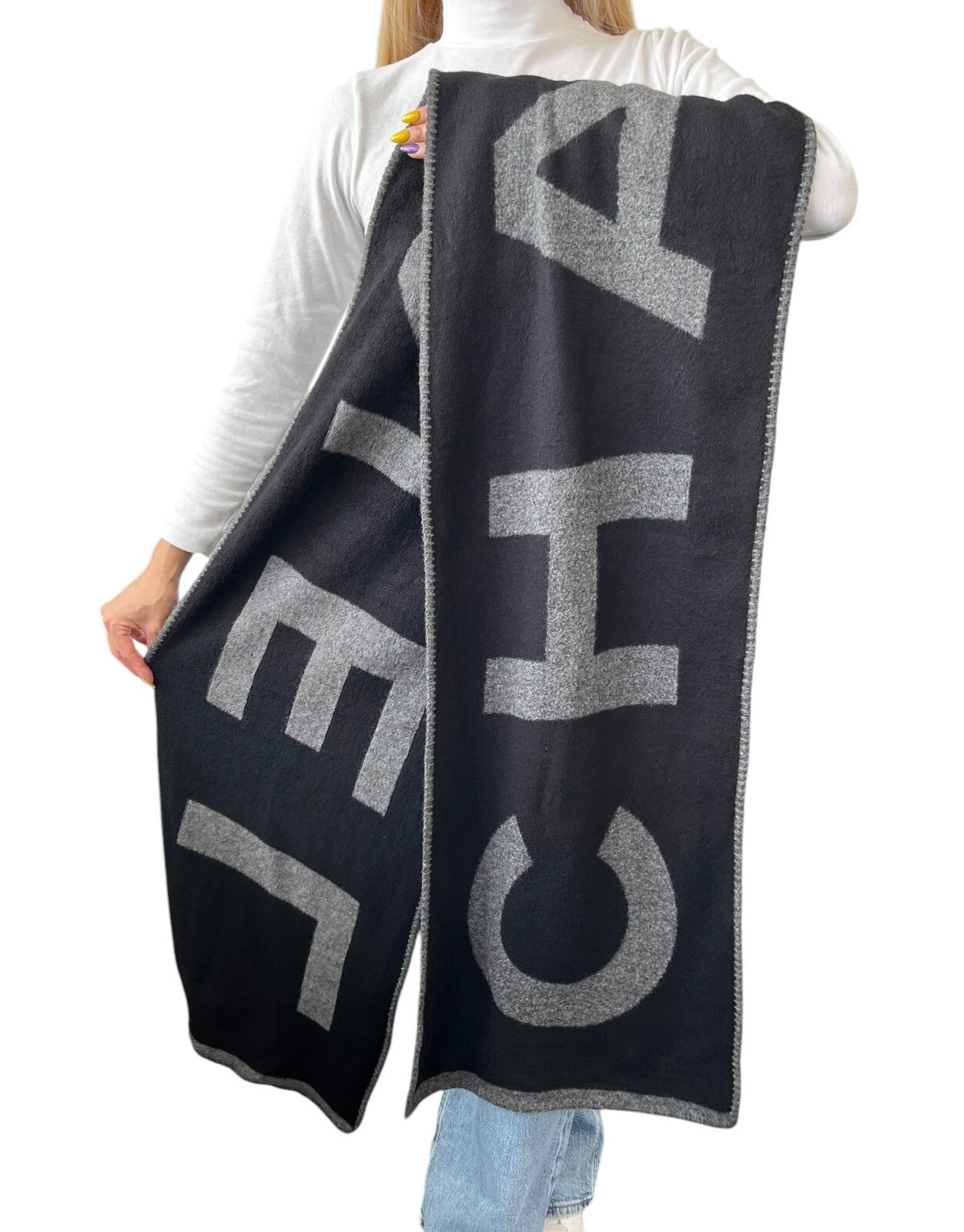 CHANEL Vintage Logo Muffler Scarf Wrap Accessory Black Gray Silk Cashmere