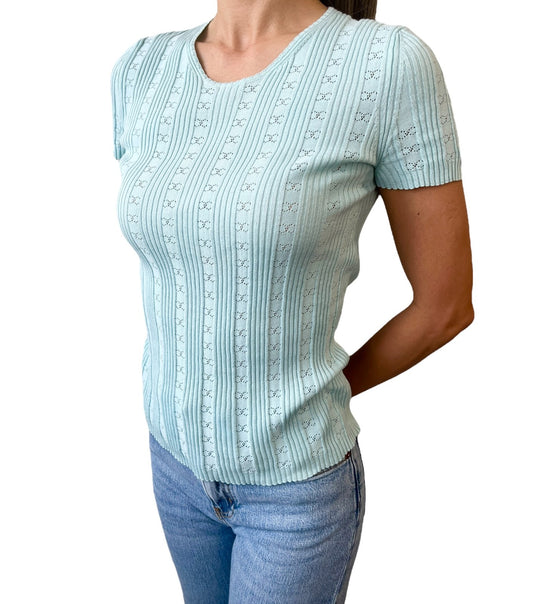 CHANEL Vintage CC Logo Rib Knit T-shirt Top Light Blue Cotton 901807