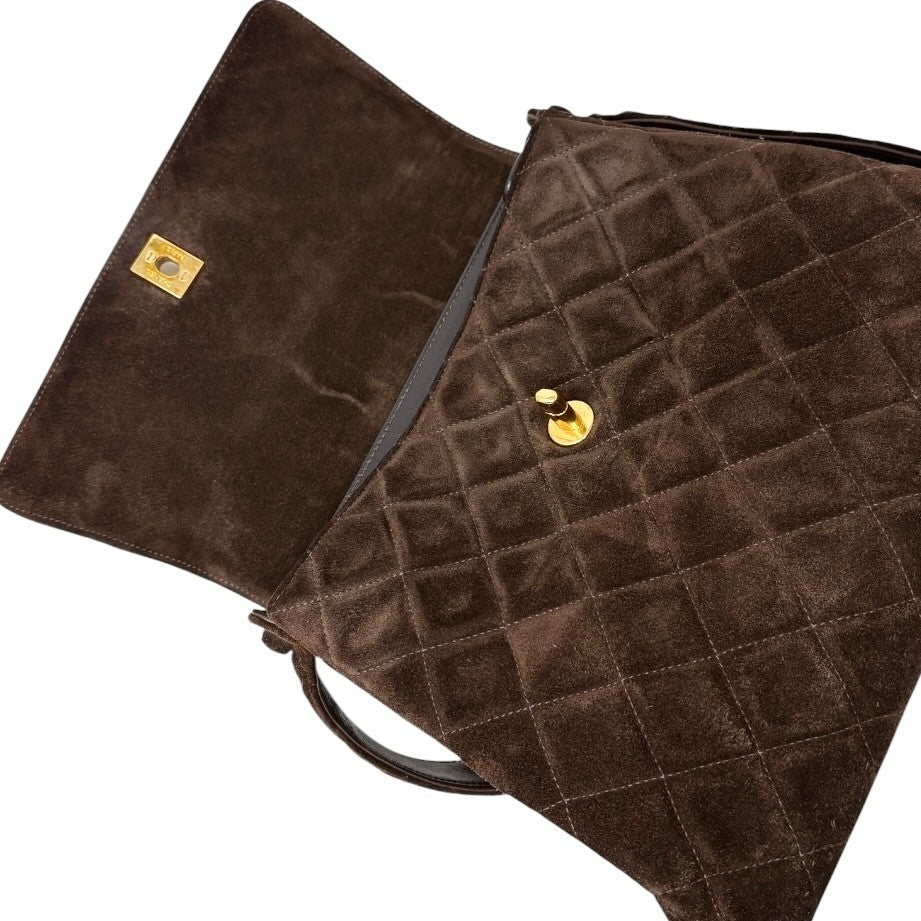 CHANEL Vintage CC Logo Turnlock Quilted Shoulder Bag Brown Gold Suede 901892
