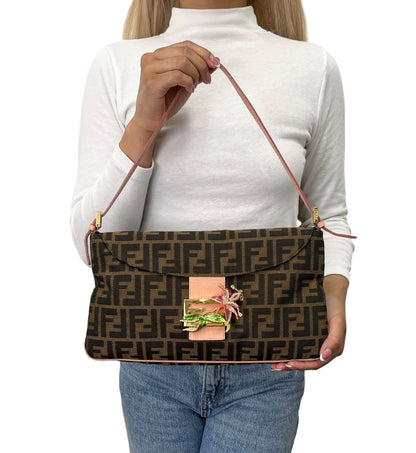 FENDI Vintage FF Mamma Baguette Flower Shoulder Bag Brown Salmon Pink 902468