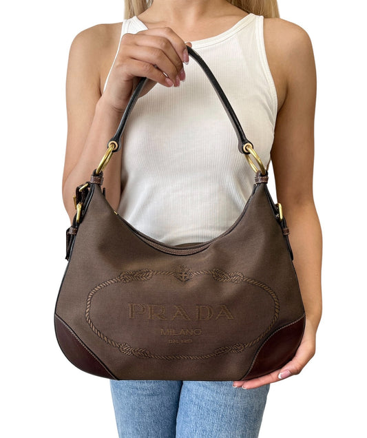 PRADA Vintage Milano Jacquard Logo Canvas Shoulder Hobo Bag  Brown 902571