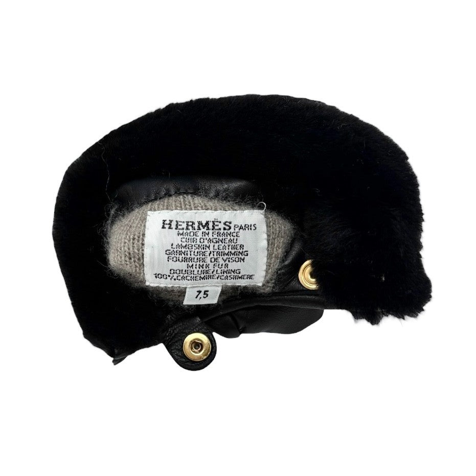 HERMES Vintage Kelly Padlock Cadena Fur Trim Leather Gloves #7.5 Black 902001