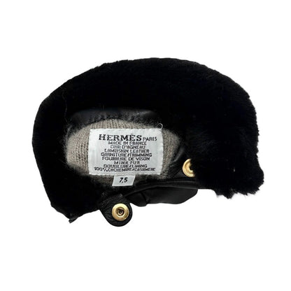 HERMES Vintage Kelly Padlock Cadena Fur Trim Leather Gloves #7.5 Black 902001