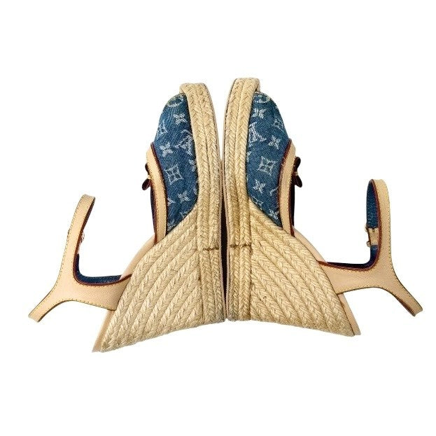 LOUIS VUITTON Vintage Logo Monogram Sandals Heels #36.5 Blue Beige Denim