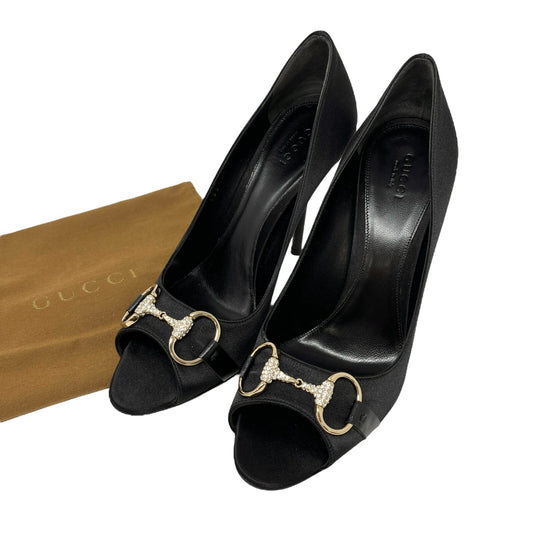 GUCCI Vintage Logo Horsebit Heels #38.5 US 8.5 Black Rhinestone Satin Rank AB+