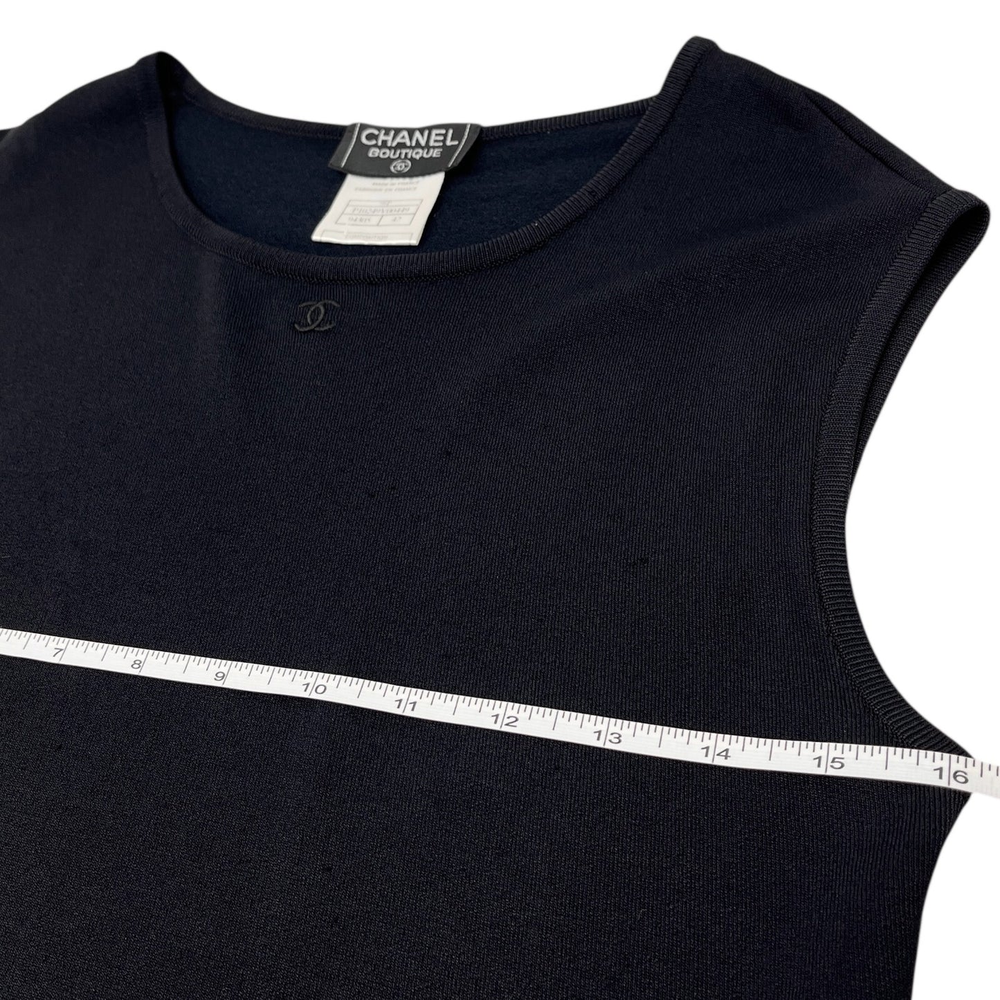 CHANEL Vintage 98P CC Logo Knit Tank Top #42 Round Neck Spandex Black Rayon
